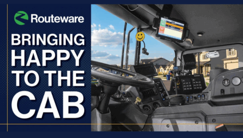 A happy smiley face in a trash truck cab