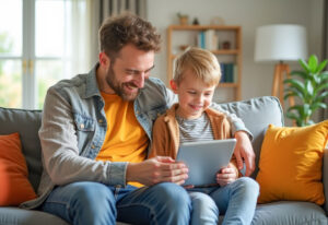 father and son are sitting on the couch looking at a tablet and laughing