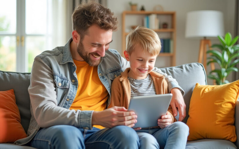 father and son are sitting on the couch looking at a tablet and laughing