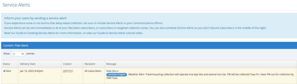 service alert within the waste management mobile application
