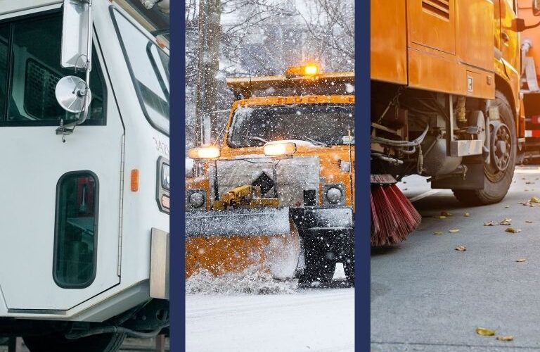 Fleet vehicles operating under unified scheduling software for waste, snow, and street cleaning.